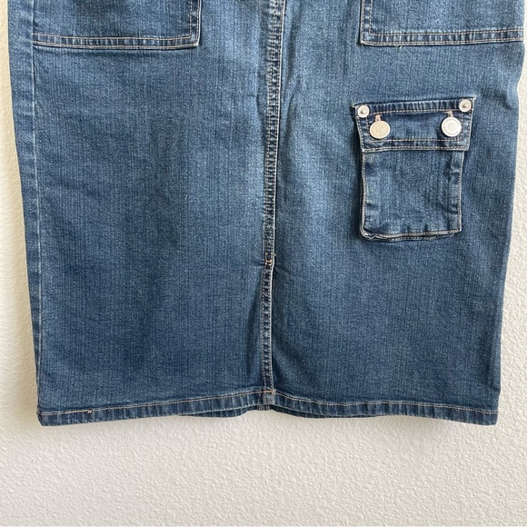 ELLEMENNO Vintage Y2K Mid Wash Denim Jean Utility Front Slit Midi Pencil Skirt - Picture 4 of 8